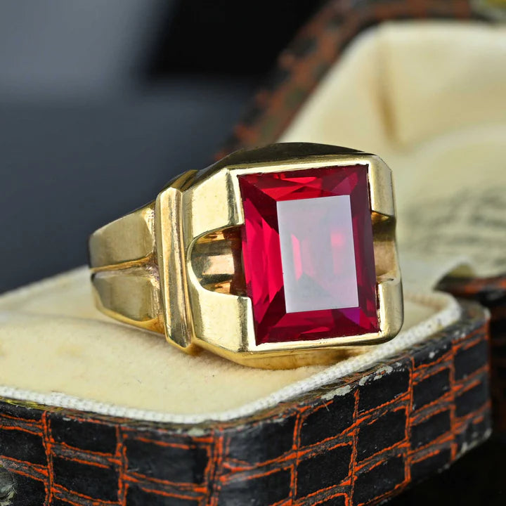 Vintage Emerald Cut Ruby Chunky Signet Gold Vermeil Rings