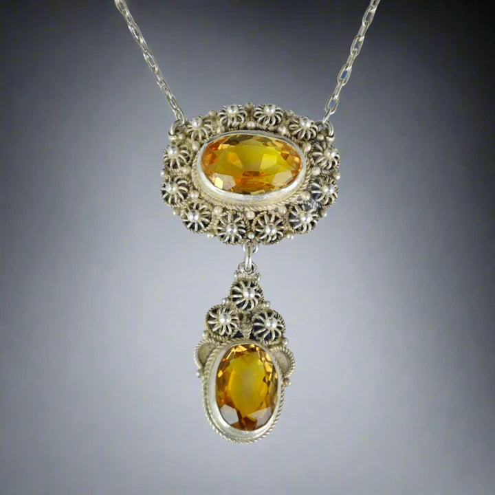 Natural Citrine Antique Victorian Necklace For Women - 925 Sterling Silver Pendant
