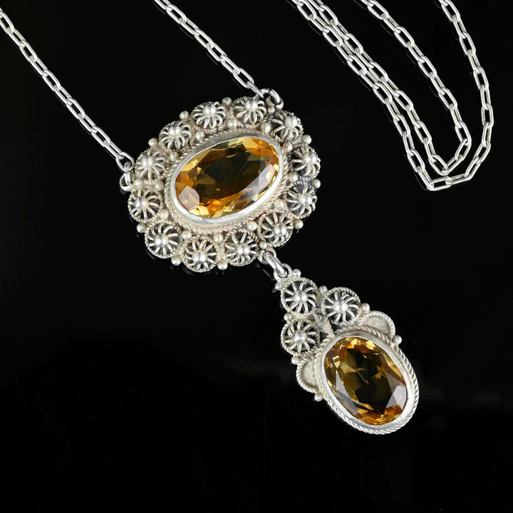 Natural Citrine Antique Victorian Necklace For Women - 925 Sterling Silver Pendant