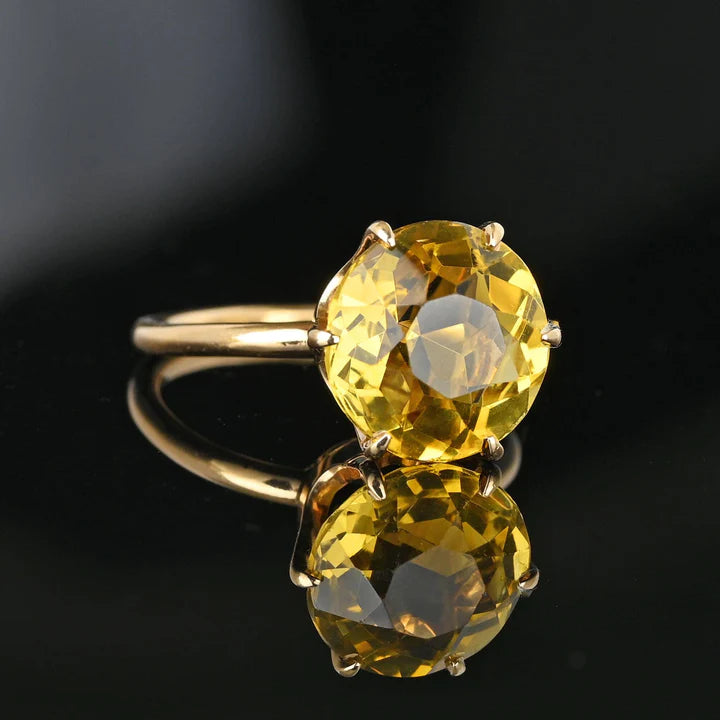 Vintage Round Cut Citrine Six Prong Solitaire Engagement Ring - 14k Gold Vermeil Ring