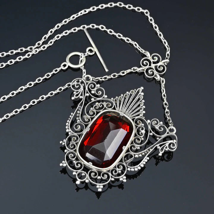 Antique Large Cushion Cut Ruby Filigree Necklace