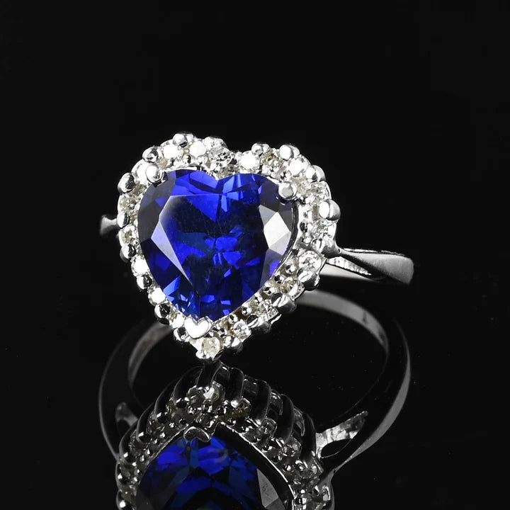 Unique Halo Set Heart Cut Sapphire Sterling Silver Engagement Ring