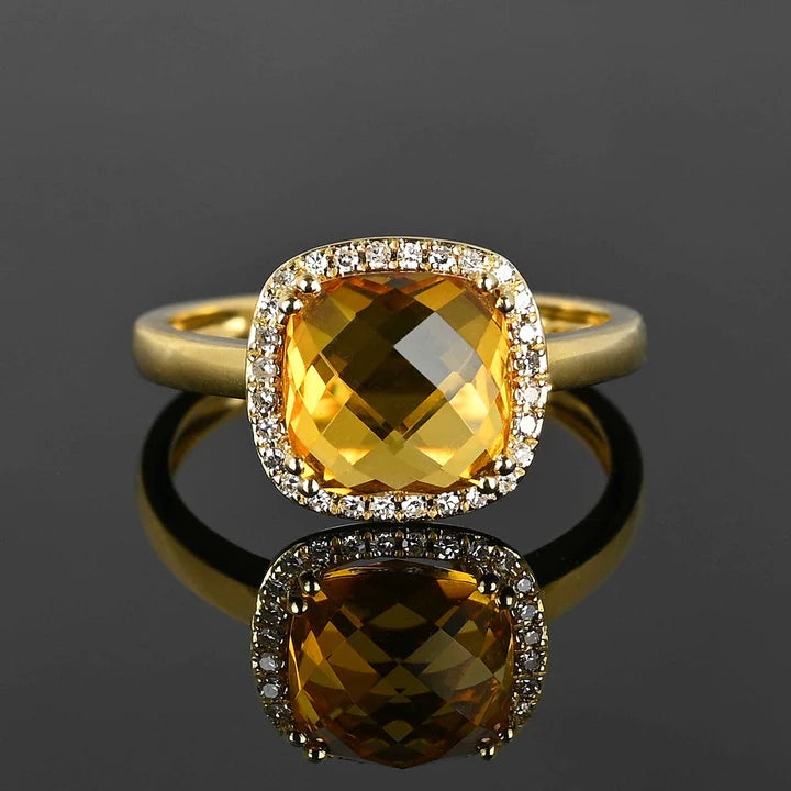 Anneaux halo de citrine coupés coussin naturel - Bague Vermeil en or 14 carats