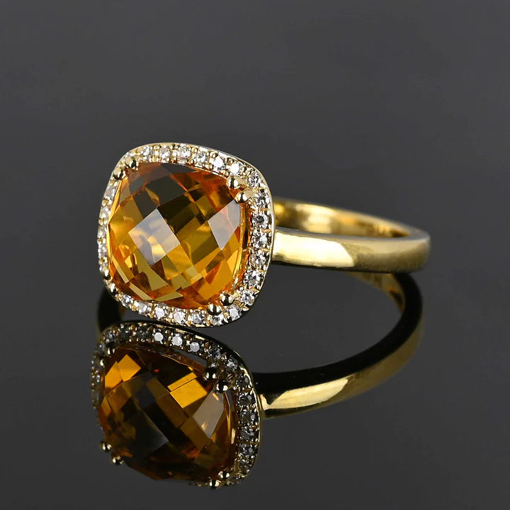 Anneaux halo de citrine coupés coussin naturel - Bague Vermeil en or 14 carats