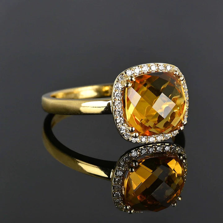 Natural Cushion Cut Citrine 14k Gold Vermeil Halo Engagement Rings