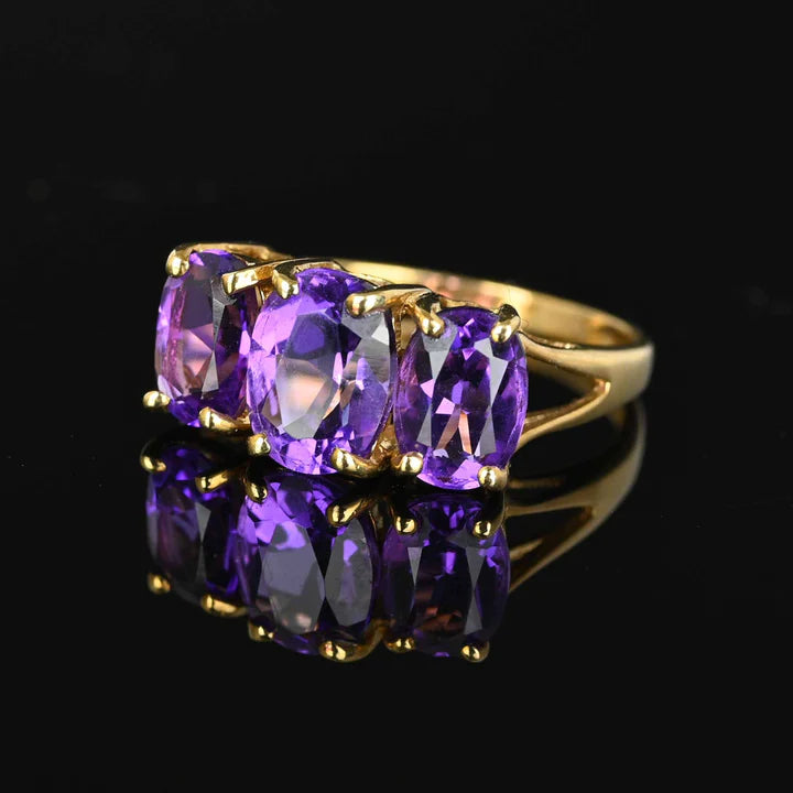 Natural Oval Cut Three Stone Amethyst Half Eternity Vintage Rings - 14k Gold Vermeil Ring