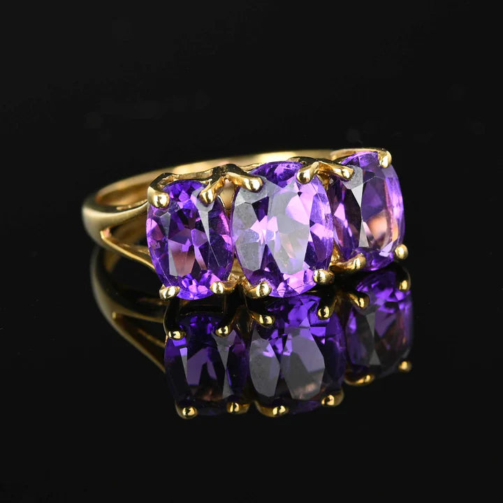 Natural Oval Cut Three Stone Amethyst Half Eternity Vintage Rings - 14k Gold Vermeil Ring