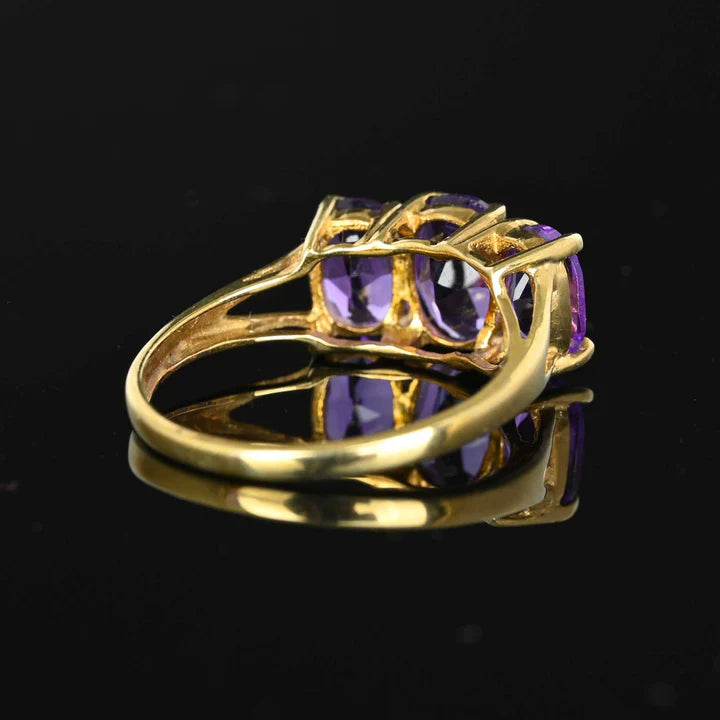 Natural Oval Cut Three Stone Amethyst Half Eternity Vintage Rings - 14k Gold Vermeil Ring