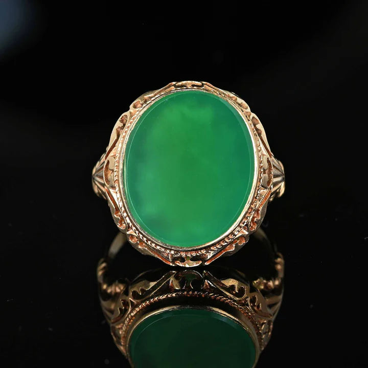 Vintage Oval Cut  Green Onyx Gold Vermeil Signet Solitaire Ring