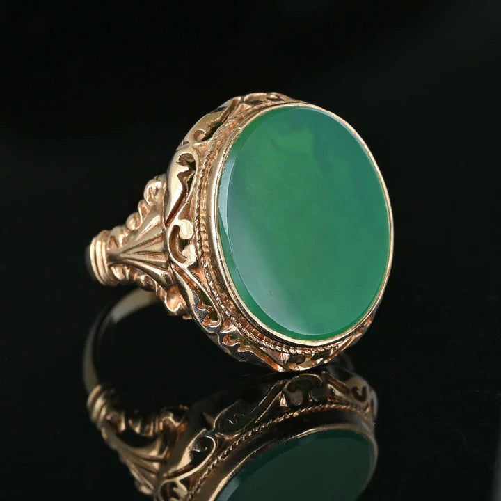 Vintage Oval Cut  Green Onyx Gold Vermeil Signet Solitaire Ring