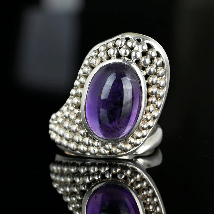 Natural Amethyst Beaded Textured Large Rings - 925 Sterling Silver RIngs