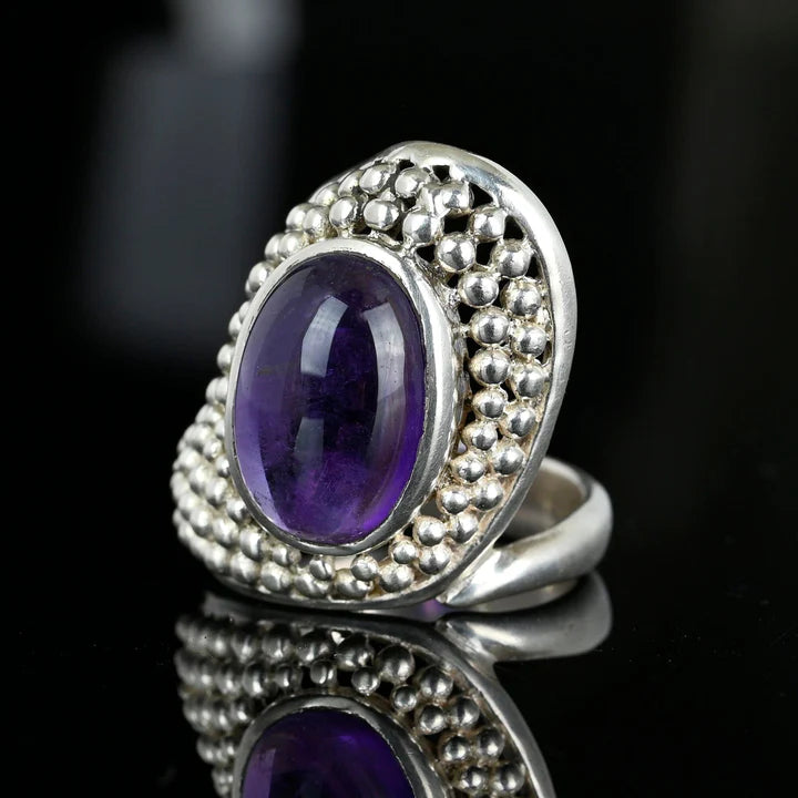 Natural Amethyst Beaded Textured Large Rings - 925 Sterling Silver RIngs
