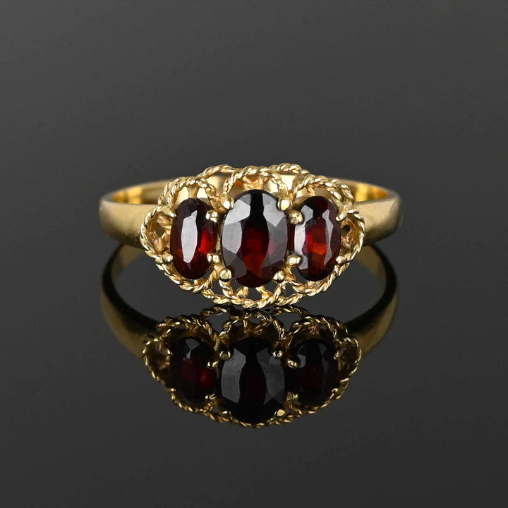 Natural Oval Cut Three Stone Garnet Half Eternity Vintage Rings - 14k Gold Vermeil Rings