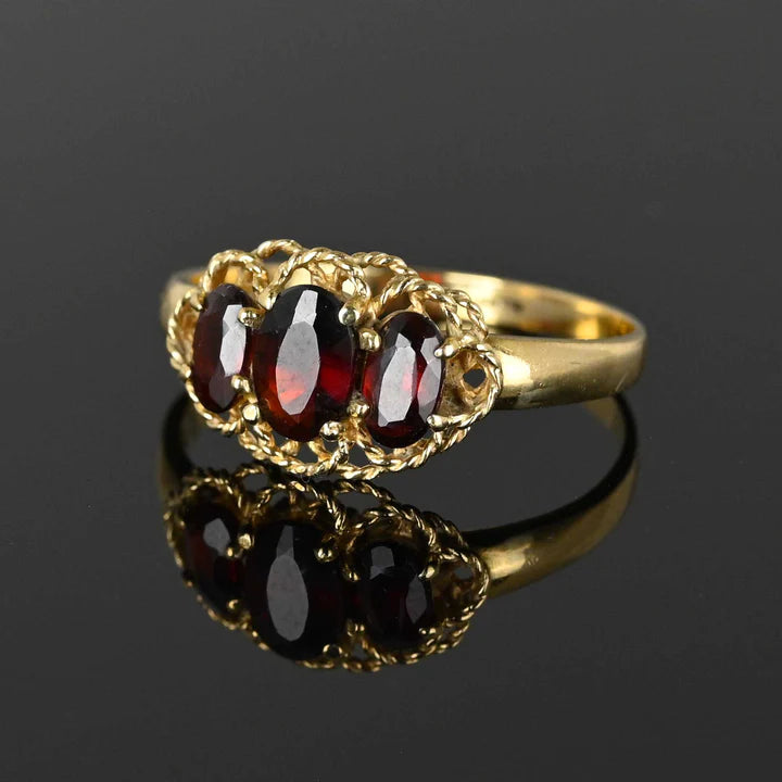 Natural Oval Cut Three Stone Garnet Half Eternity Vintage Rings - 14k Gold Vermeil Rings