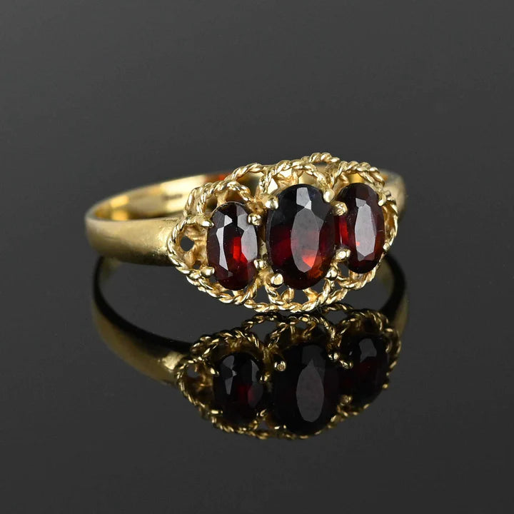 Natural Oval Cut Three Stone Garnet Half Eternity Vintage Rings - 14k Gold Vermeil Rings