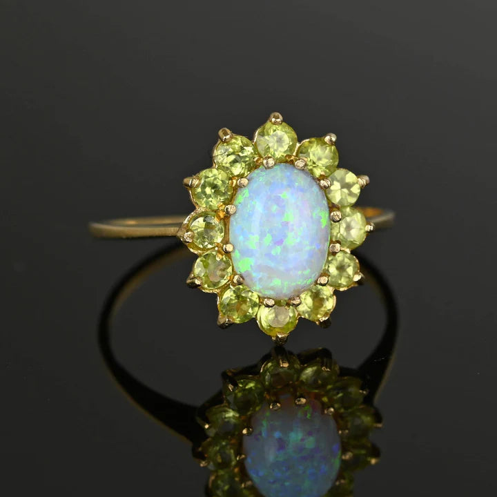 Vintage Oval Cut Opal And Peridot Cluster Engagement Rings - 14k Gold Vermeil Ring