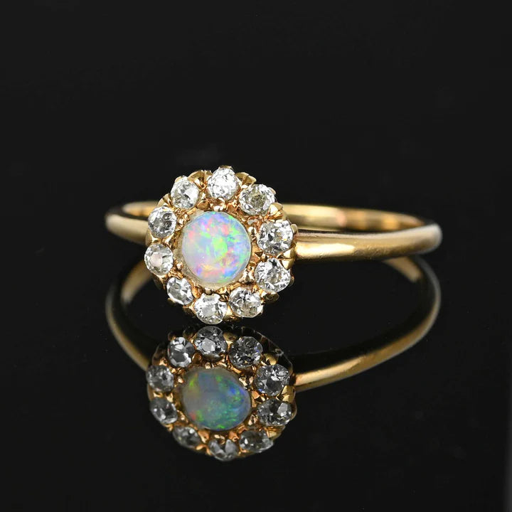 Ethiopian Opal Round Cut Halo Vintage Engagement Rings For Women - 14k Gold Vermeil Rings