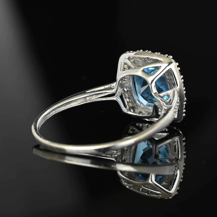 Swiss Blue Topaz Promise Halo Rings - 925 Sterling Silver Handmade Vintage Rings