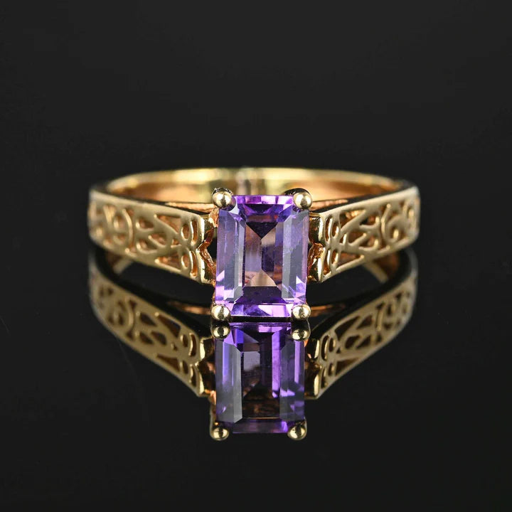 Natural Emerald Cut Amethyst Filigree Vintage Engagement  Rings - 14k Gold Vermeil Ring