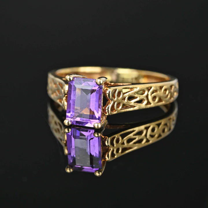 Natural Emerald Cut Amethyst Filigree Vintage Engagement  Rings - 14k Gold Vermeil Ring