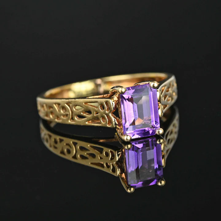 Natural Emerald Cut Amethyst Filigree Vintage Engagement  Rings - 14k Gold Vermeil Ring