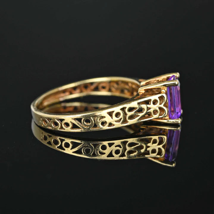 Natural Emerald Cut Amethyst Filigree Vintage Engagement  Rings - 14k Gold Vermeil Ring