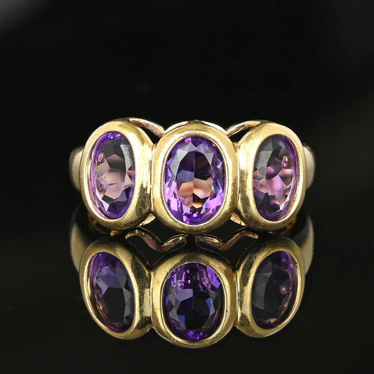 Vintage Three Stone Oval Cut Amethyst Unique Promise Ring - 14k Gold Vermeil Ring
