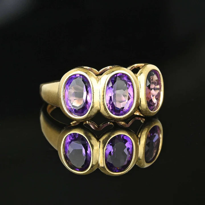 Vintage Three Stone Oval Cut Amethyst Unique Promise Ring - 14k Gold Vermeil Ring