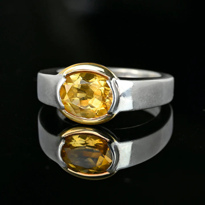 Natural Oval Cut East West Set Citrine Ring - 925 Sterling Silver Ring