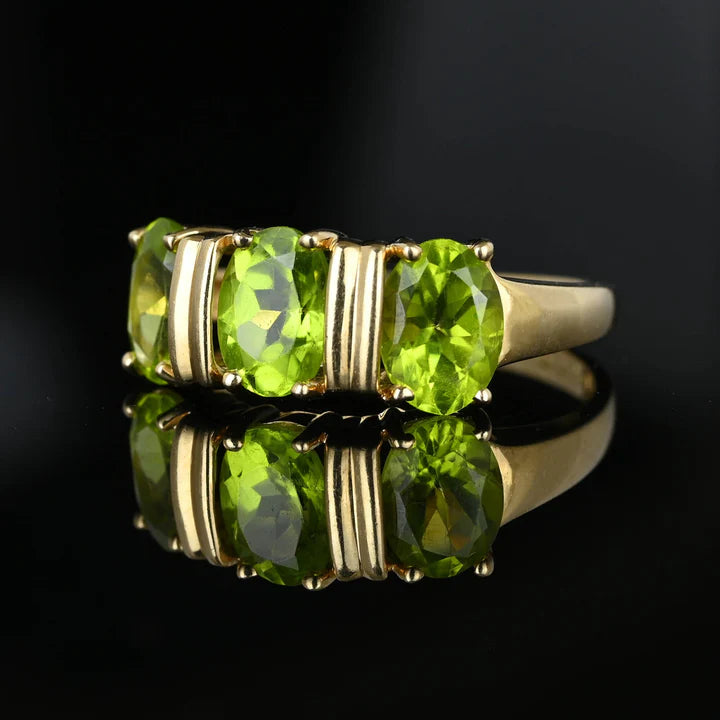 Peridot Oval Cut Three Stone Vintage Engagement RIng - 14k Gold Vermeil Ring