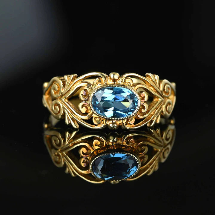 Natural Oval Cut Bezel Set Blue Topaz Vintage Filigree Rings For Women - 14k Gold Vermeil Rings