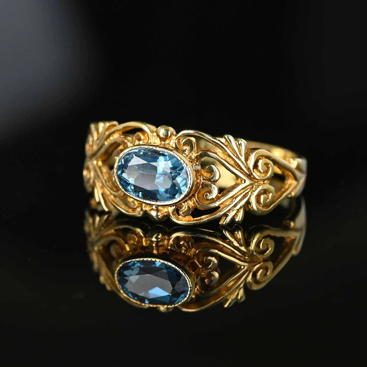 Natural Oval Cut Bezel Set Blue Topaz Vintage Filigree Rings For Women - 14k Gold Vermeil Rings