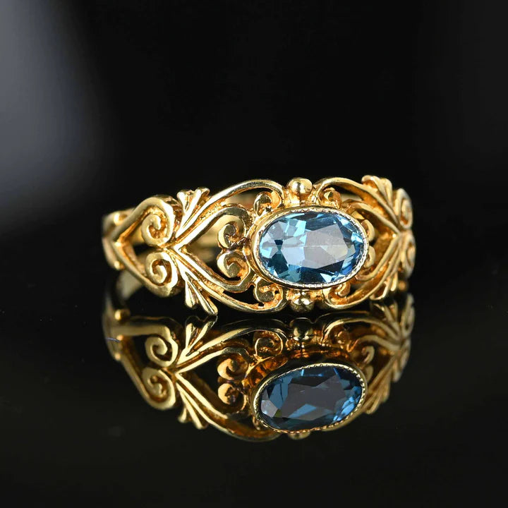 Natural Oval Cut Bezel Set Blue Topaz Vintage Filigree Rings For Women - 14k Gold Vermeil Rings