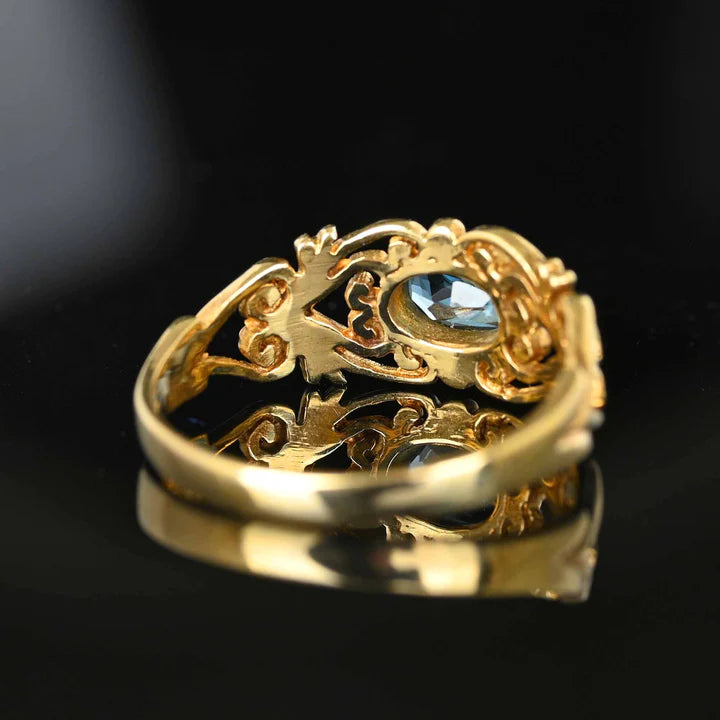 Natural Oval Cut Bezel Set Blue Topaz Vintage Filigree Rings For Women - 14k Gold Vermeil Rings