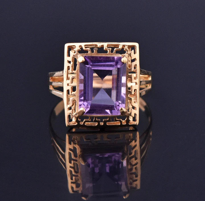 Natural Emerald Cut Amethyst Key Pattern Vintage Gold Vermeil Rings