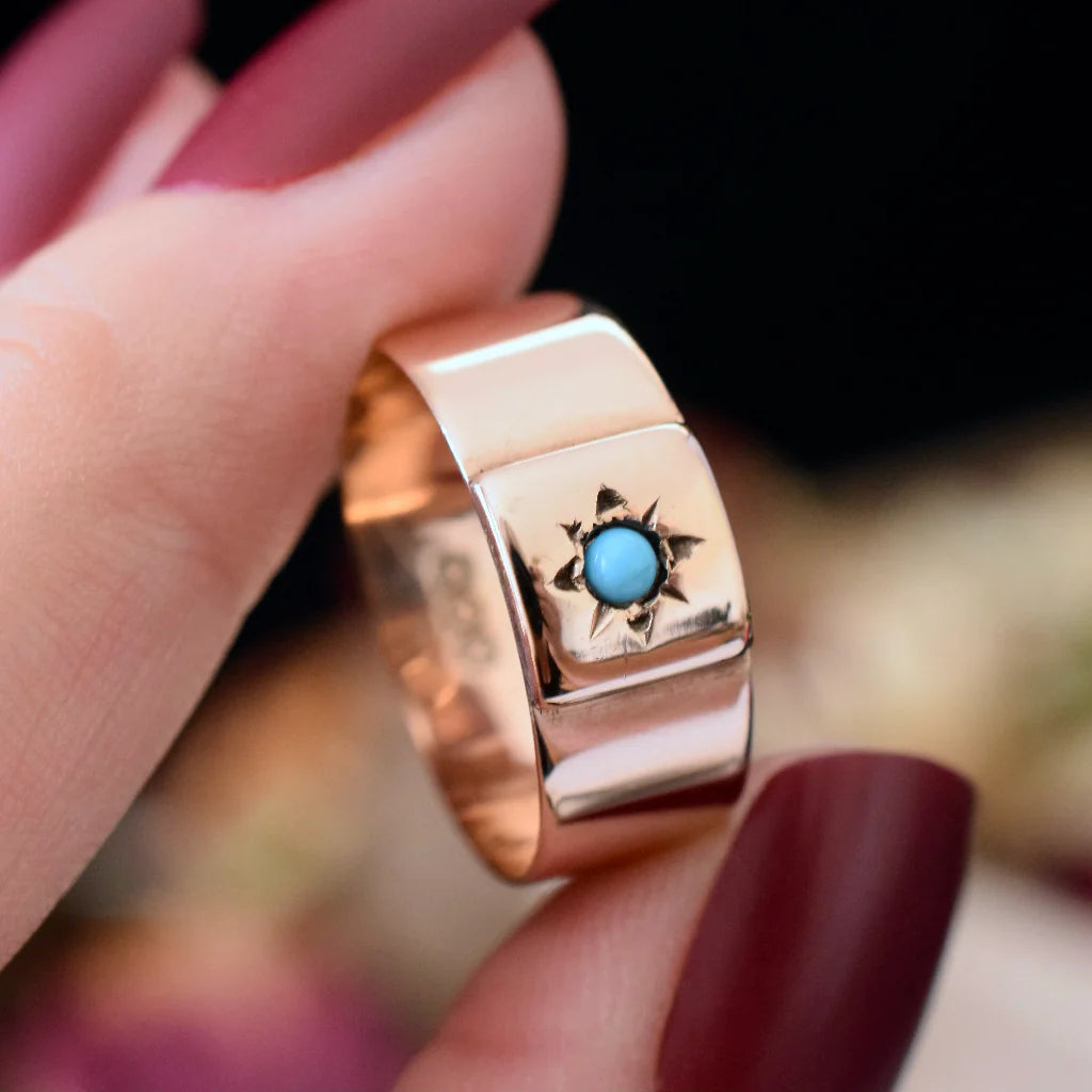 Natural Round Cut Turquoise Wide Band Vintage Rings - 14k Rose Gold Vermeil Rings