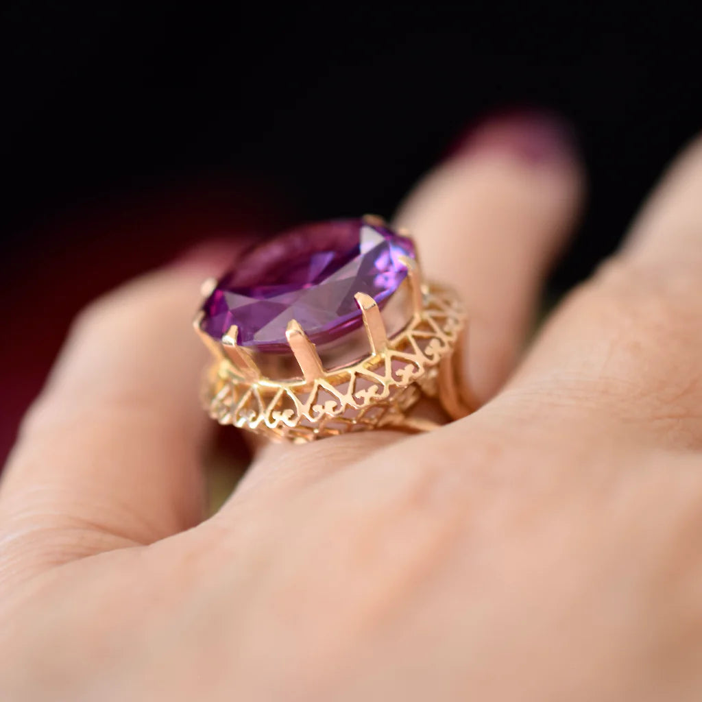 Natural Round Cut Amethyst Cocktail Filigree Vintage Rings - 14k Gold Vermeil Rings