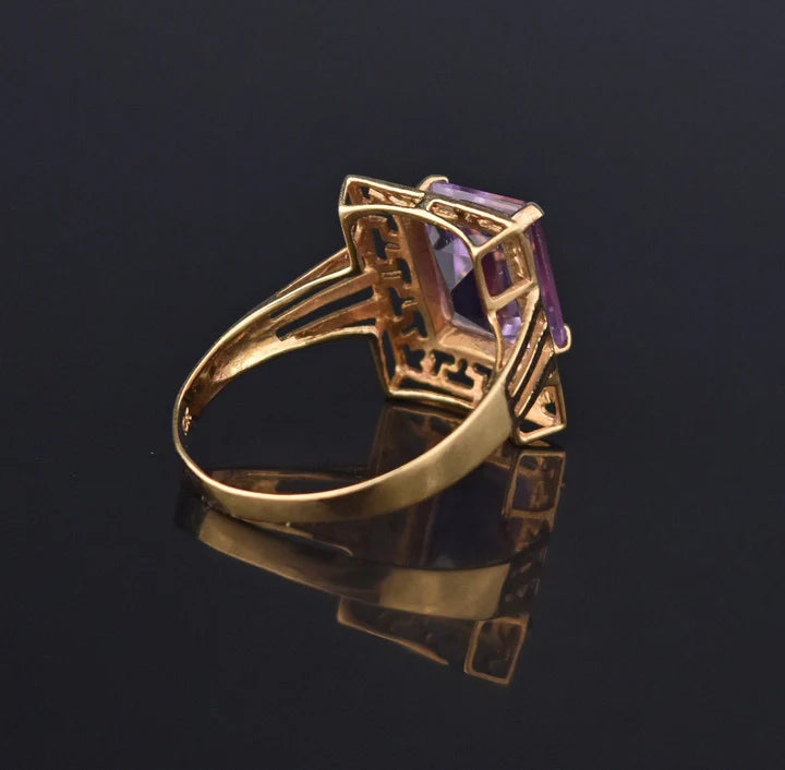 Natural Emerald Cut Amethyst Key Pattern Vintage Gold Vermeil Rings