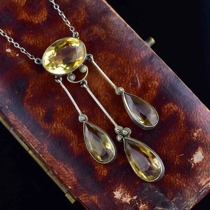 Antique Citrine Vintage Drop Necklace - 925 Sterling Silver