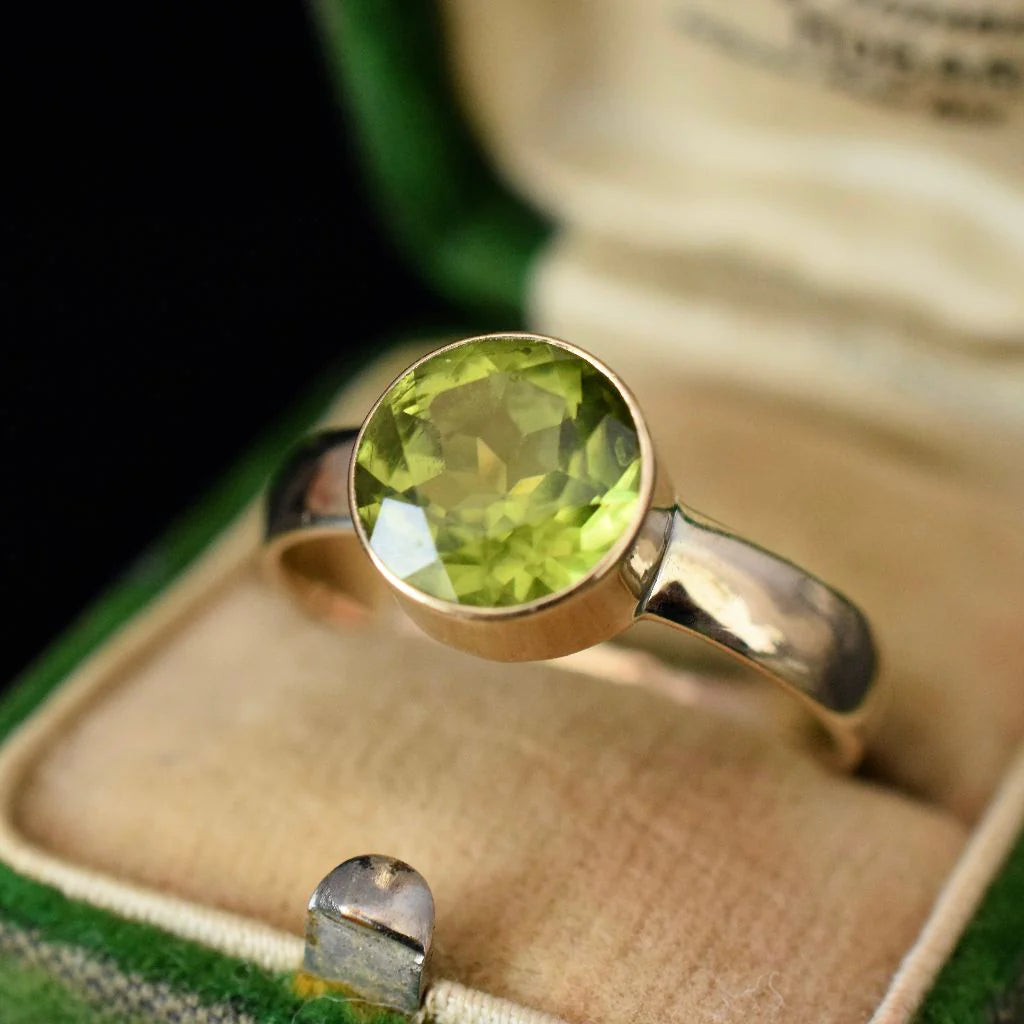 Natural Round Cut Bezel Set Peridot Simple Solitaire Rings - 14k Gold Vermeil Rings