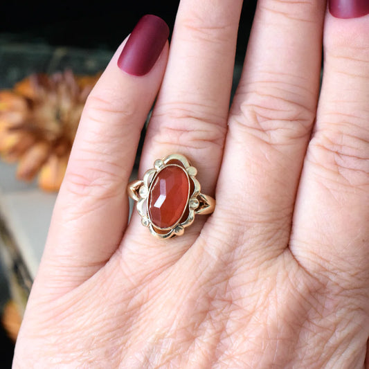 Natural Elongated Oval Cut Carnelian Bezel Set Vintage Rings For Women - 14k Gold Vermeil Rings