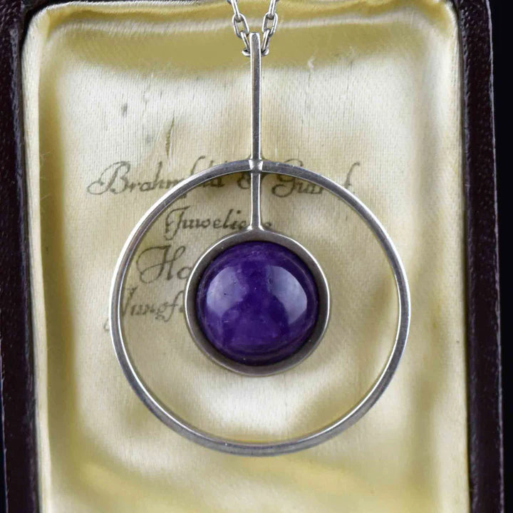 Vintage Modernist Amethyst Cabochon Target Pendant - 925 Solid Sterling Silver Necklace
