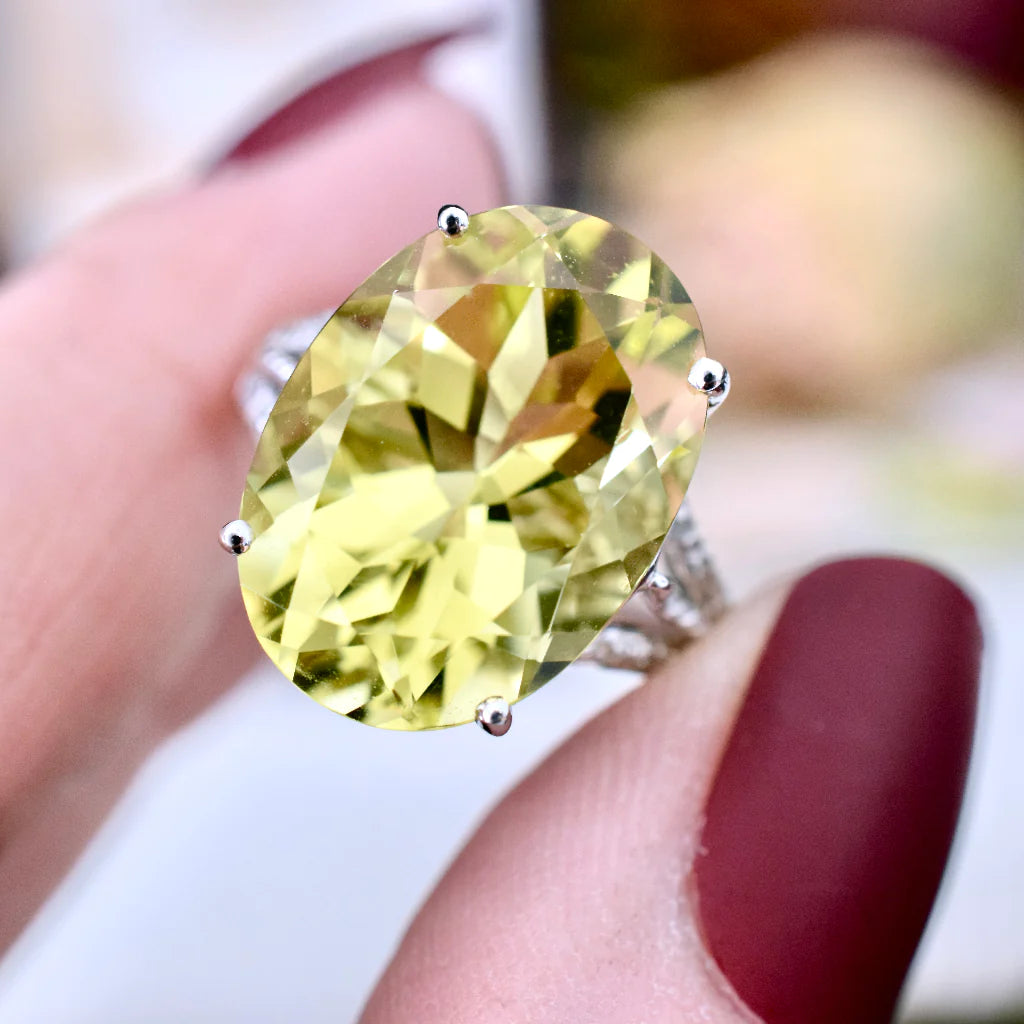 Natural Oval Cut Lemon Quartz Solitaire Vintage Promise Rings For Women - 925 Sterling Silver Ring