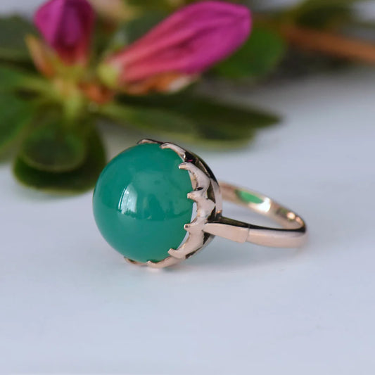 Bague solitaire en onyx vert taille ronde naturelle - Bague vermeil en or rose 14 carats