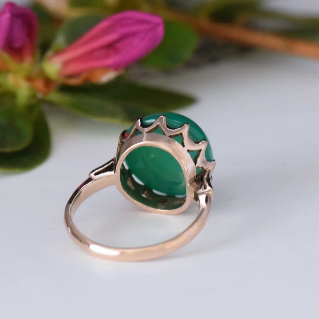 Natural Round Cut Cabochon Green Onyx Vintage Solitaire Rings - 14k Rose Gold Vermeil Rings