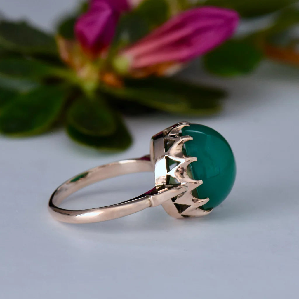 Natural Round Cut Cabochon Green Onyx Vintage Solitaire Rings - 14k Rose Gold Vermeil Rings