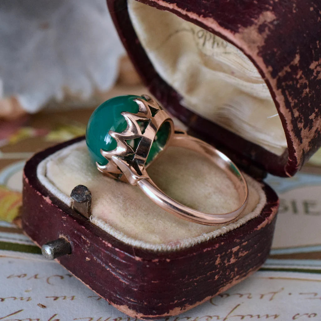 Bague solitaire en onyx vert taille ronde naturelle - Bague vermeil en or rose 14 carats