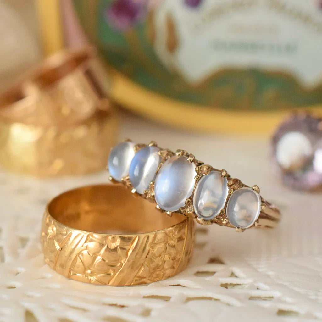 Natural Oval Cut Rainbow Moonstone Half Eternity Vintage Promise Ring - 14k Gold Vermeil Rings