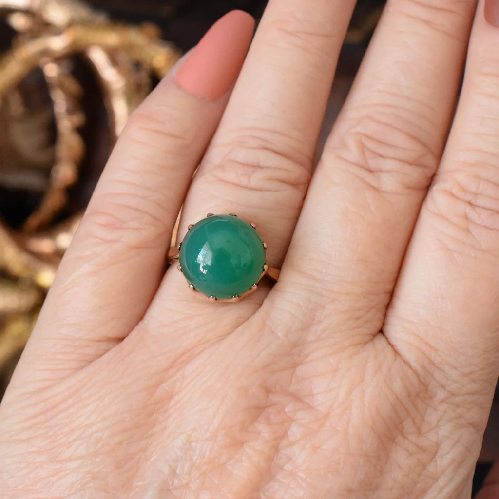 Bague solitaire en onyx vert taille ronde naturelle - Bague vermeil en or rose 14 carats