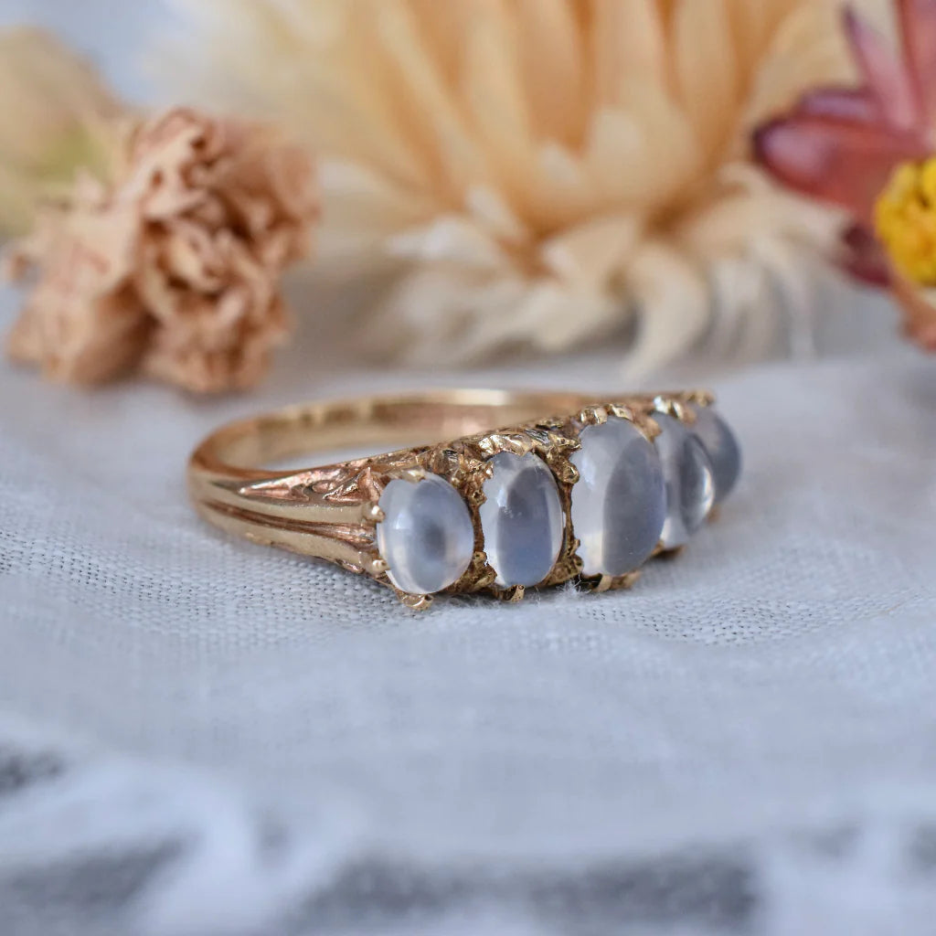 Natural Oval Cut Rainbow Moonstone Half Eternity Vintage Promise Ring - 14k Gold Vermeil Rings